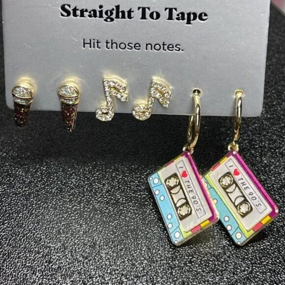 BAUBLEBAR SUGARFIX 3 pair Earrings - Microphone Music Note Cassette Tape 90s NEW - Picture 1 of 6